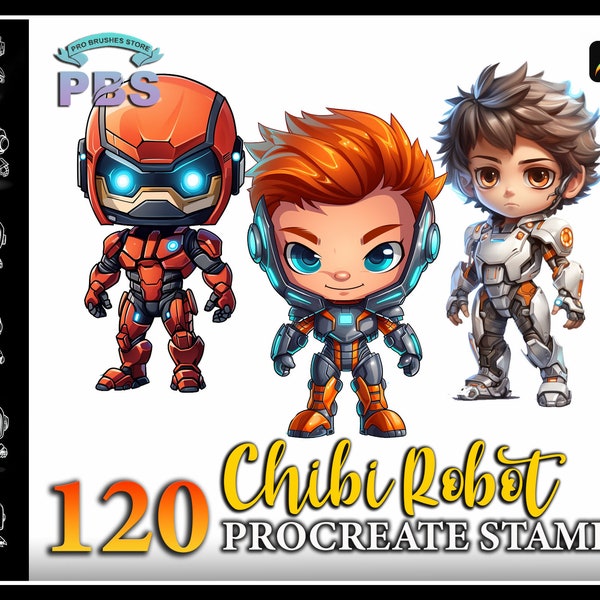 120 Procreate Chibi Robot Stamps, Chibi Robot Character stamps for procreate, Cute Robot Stamp brush for procreate