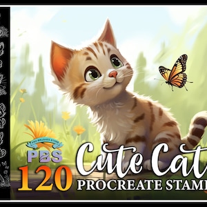 120 Procreate schattige kattenstempels, schattige kat met vlinderborstel voor voortplanting, dieren voortplantingsstempel, cartoon kattenstempel voor voortplanting
