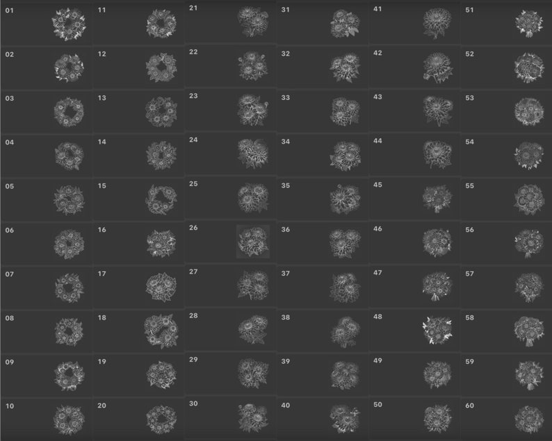 May include: A grid of 60 black and white images of floral wreaths and bouquets. Each image is numbered from 1 to 60.