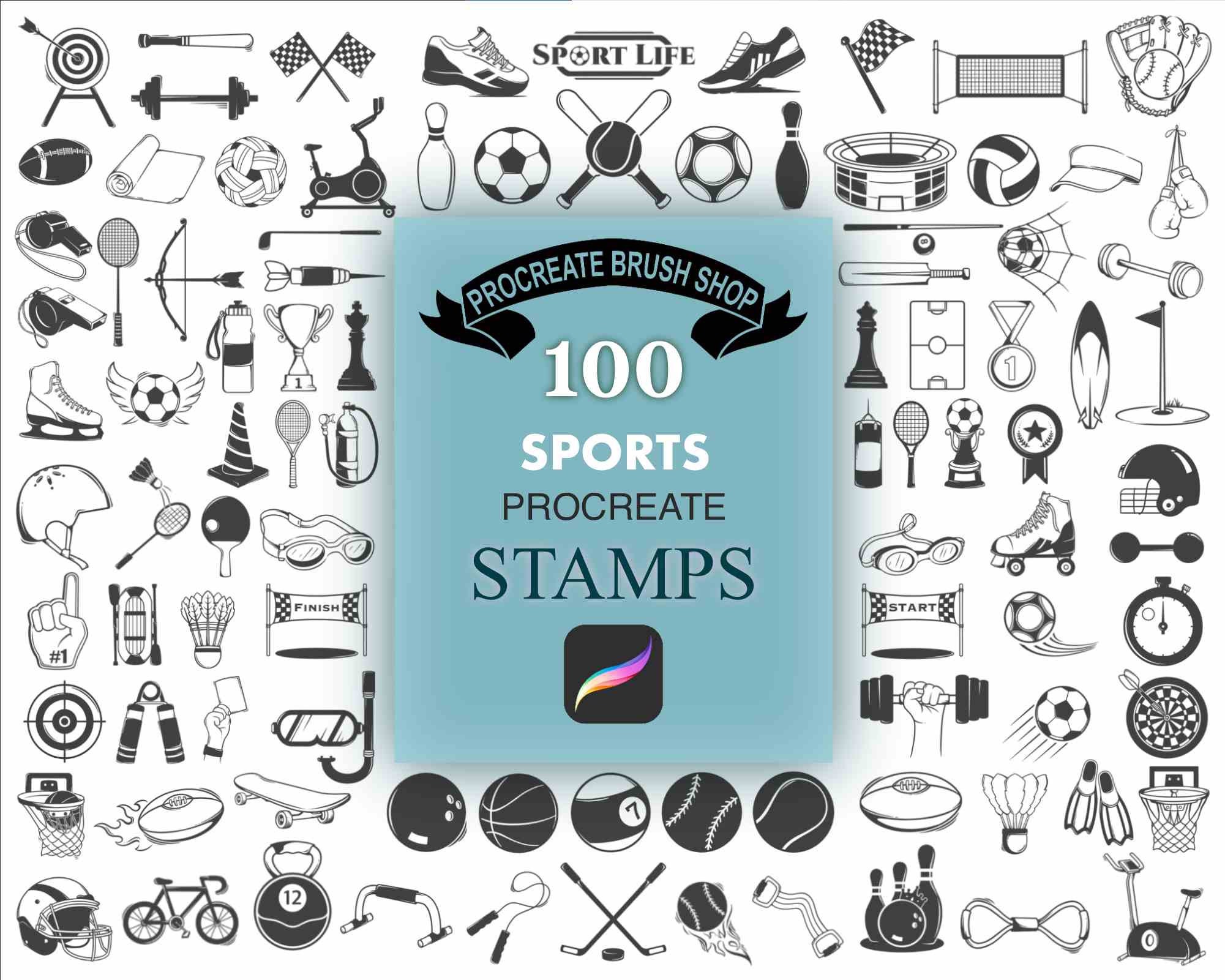 Sports Procreate Stamps, 100 Sports Stamp Brush, Sports Procreate