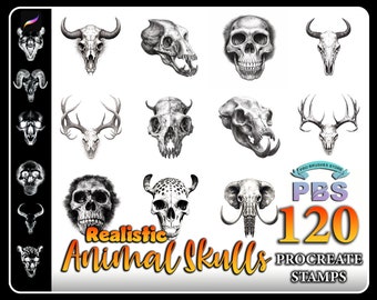 May include: A set of 120 realistic animal skull Procreate stamps. The stamps feature a variety of animals, including deer, bull, elephant, and monkey. The stamps are in black and white and have a realistic, detailed style.