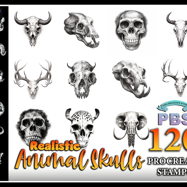 120 Procreate Realistic Animal Skull Stamps, Wild Animal Skulls brush for procreate, Animal procreate stamp, instant digital download.