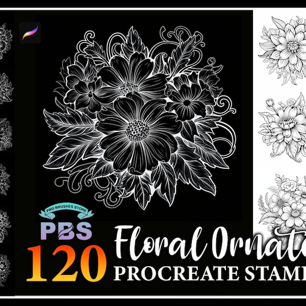 120 Procreate Floral Ornate Stamps, Floral Ornate brush for procreate, Flower Ornate procreate stamps, Floral decoration procreate.