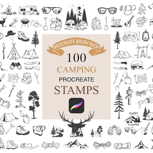 100 timbres de camping procréer, timbres de camping procréer, pinceau de camping, pinceaux de camping procréer, lot de procréer, ensemble de timbres de camping.