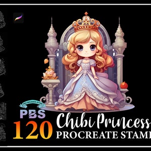 120 Procreate ちびプリンセス スタンプ、Procreate 用ちびプリンセス スタンプ、Procreate 用かわいいプリンセス ブラシ