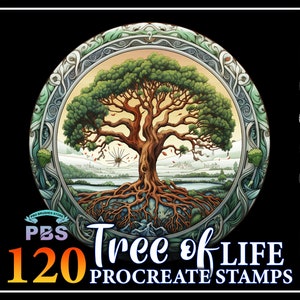 May include: A set of 120 Procreate stamps featuring a detailed illustration of a tree of life with intricate roots, branches, and leaves. The tree is surrounded by a decorative frame and set against a black background.