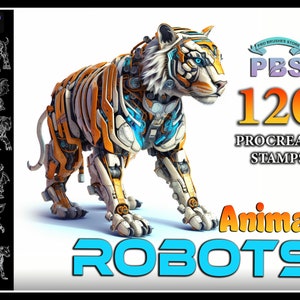 Peut inclure: Un ensemble de 120 tampons Procreate représentant des robots animaux. Les tampons sont dessinés dans un style cartoon et présentent une variété d'animaux, dont un tigre, un dragon, un ours et un renard. Les tampons sont parfaits pour ajouter une touche de fantaisie à votre art numérique.