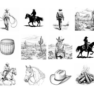 May include: A collection of black and white illustrations depicting various scenes from the American West, including cowboys, horses, cacti, and a barrel.
