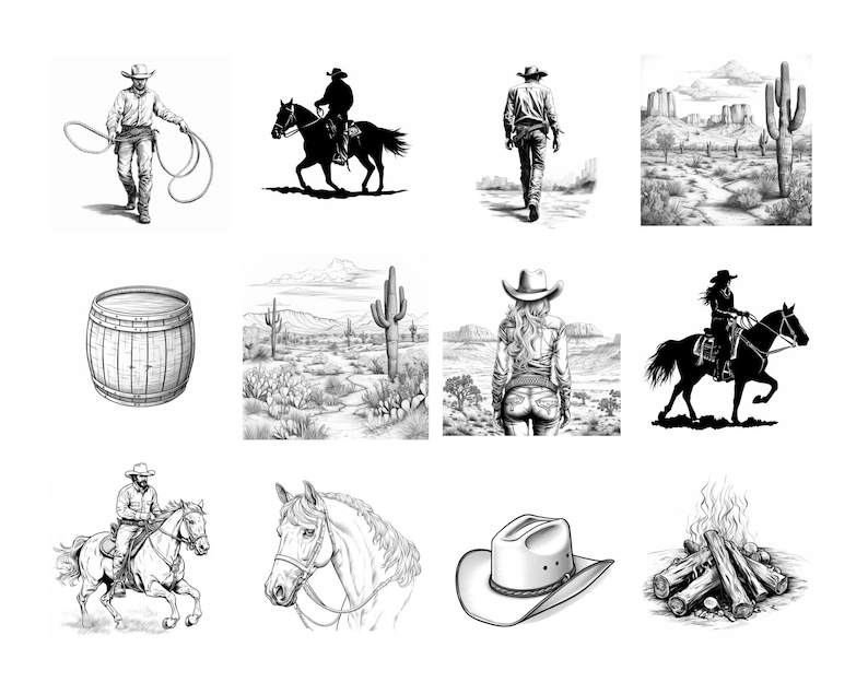 May include: A collection of black and white illustrations depicting various scenes from the American West, including cowboys, horses, cacti, and a barrel.