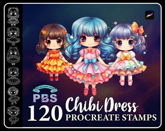 May include: 120 digital stamps for Procreate featuring cute chibi characters wearing different dresses. The stamps are in a variety of colors and styles, including pink, blue, yellow, and green.