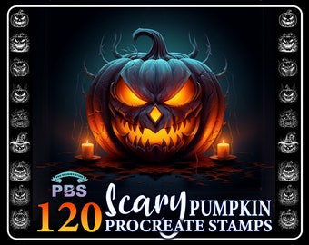 120 Scary Pumpkin Procreate Stamps: Horror Halloween Theme (Digital Download)