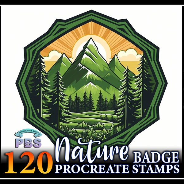 120 tampons Badge Nature Procreate, Badge Nature pour procréer, Tampon Badge procréer, Tampon Logo Nature Guide pour procréer.