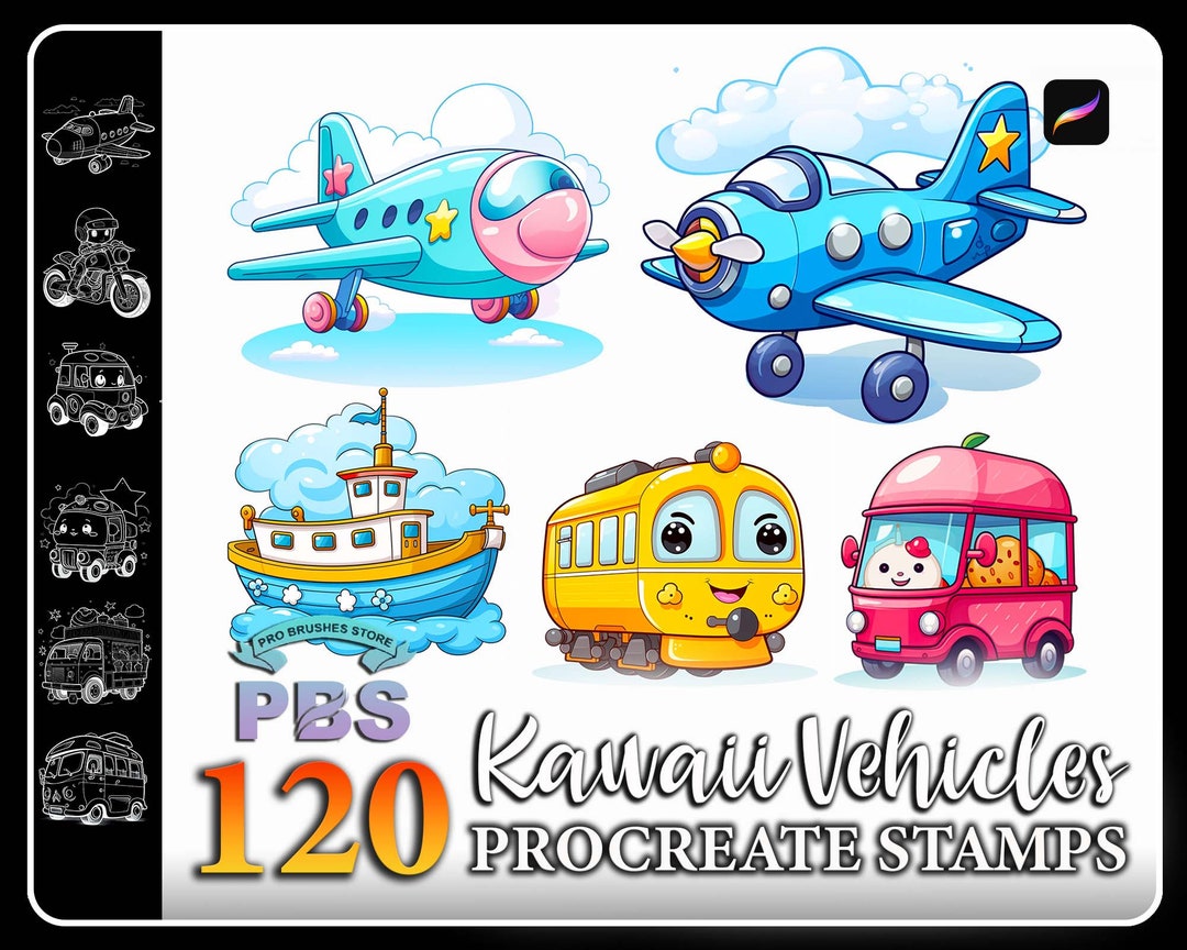 120 Procreate Kawaii Vehicle Stamps, Kawaii Vehicle Stamps for