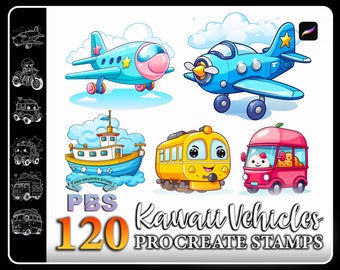 120 timbri Procreate con veicoli kawaii (download digitale)