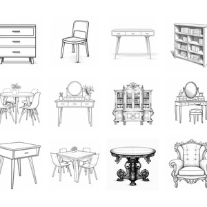 Peut inclure: Une collection de neuf meubles diff&eacute;rents, dont une commode, une chaise, un bureau, une biblioth&egrave;que, une table &agrave; manger avec des chaises, une coiffeuse avec miroir et tabouret, une table d'appoint, une table &agrave; manger avec des chaises et un fauteuil. Les meubles sont dessin&eacute;s en noir et blanc.