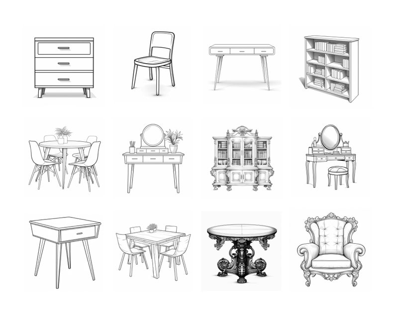 Peut inclure: Une collection de neuf meubles diff&eacute;rents, dont une commode, une chaise, un bureau, une biblioth&egrave;que, une table &agrave; manger avec des chaises, une coiffeuse avec miroir et tabouret, une table d'appoint, une table &agrave; manger avec des chaises et un fauteuil. Les meubles sont dessin&eacute;s en noir et blanc.