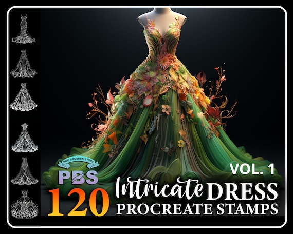 120 Intricate Dress Procreate Stamps: Fashion Illustration (Digital Download)