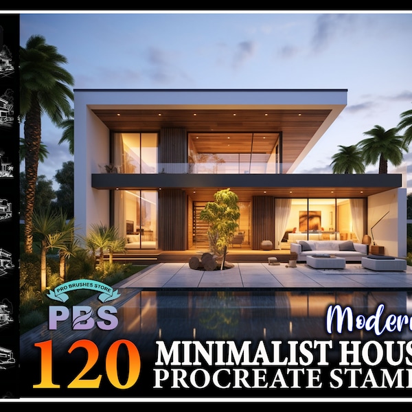 120 Procreate Modern Minimalist House Stamps, Modern Minimalist stamps procreate, Minimalist Home stamp for procreate, Modern House Design
