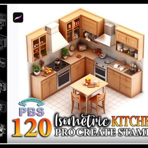 120 Procreate Isometric Kitchen Room Stamps, Isometric Kitchen Room stamps for procreate, Isometric Interior procreate brush.