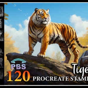 May include: A digital illustration of a tiger standing on a rock with a blue sky and clouds in the background. The image is for a set of 120 Procreate stamps.
