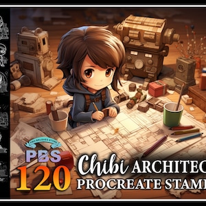 120 Procreate Chibi Architect Stamps, Chibi Architect stamps for procreate, Chibi Character Stamp for procreate