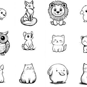 Puede incluir: Dibujos en blanco y negro de varios animales, incluyendo un zorro, un le&oacute;n, un p&aacute;jaro, un b&uacute;ho, un gato, un elefante y un conejo.