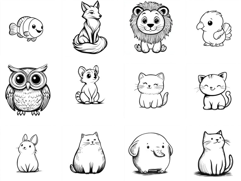 Puede incluir: Dibujos en blanco y negro de varios animales, incluyendo un zorro, un le&oacute;n, un p&aacute;jaro, un b&uacute;ho, un gato, un elefante y un conejo.