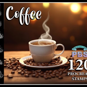 May include: A white coffee cup with steam rising from it, sitting on a saucer with coffee beans scattered around it. The text "Coffee" is written in a stylized font at the top of the image. The text "PBS 120 Procreate Stamps" is also visible in the image.