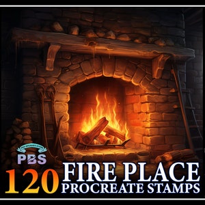 May include: A digital illustration of a brick fireplace with a roaring fire inside. The image is part of a set of 120 Procreate stamps for digital artists.
