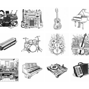 May include: A collection of black and white illustrations of musical instruments, including a drum set, a piano, a guitar, a violin, a harmonica, a synthesizer, a DJ mixer, and an accordion.