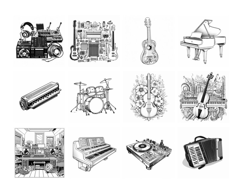 May include: A collection of black and white illustrations of musical instruments, including a drum set, a piano, a guitar, a violin, a harmonica, a synthesizer, a DJ mixer, and an accordion.