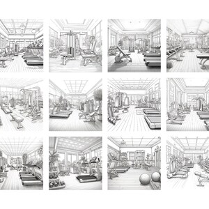 May include: A black and white line drawing of a gym interior with various exercise equipment, including treadmills, weight machines, and free weights.