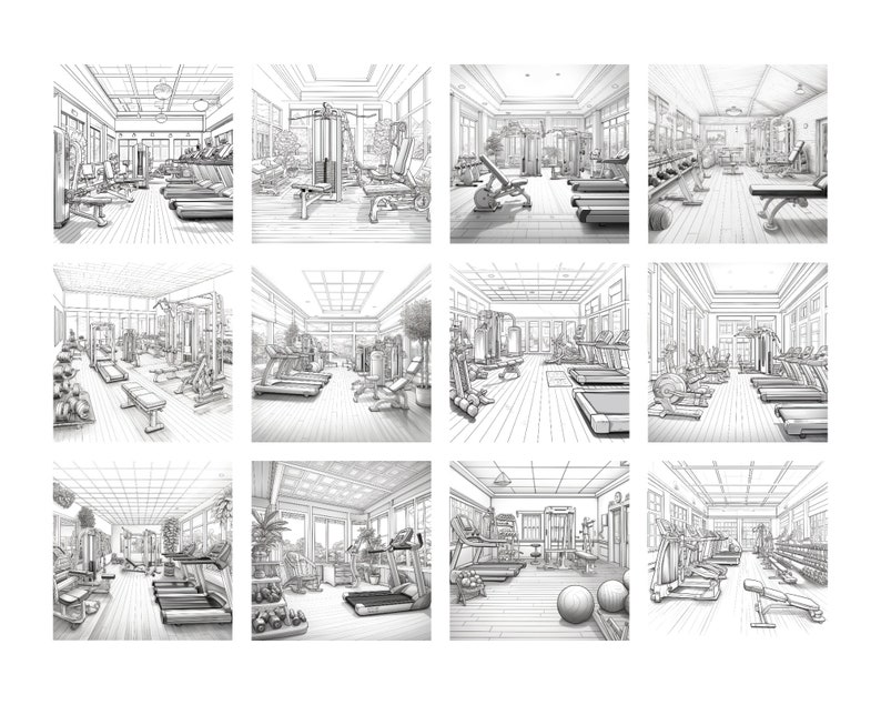 May include: A black and white line drawing of a gym interior with various exercise equipment, including treadmills, weight machines, and free weights.