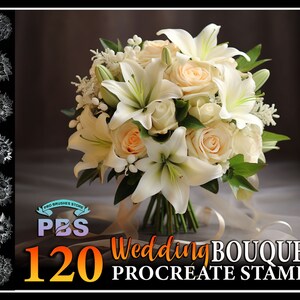 Peut inclure: Un bouquet de lys et de roses blancs, lié avec un ruban blanc. Le bouquet est disposé dans un vase et posé sur une table blanche. L'image est une illustration numérique d'un bouquet de mariage. Le texte "120 Wedding Bouquet Procreate Stamps" est affiché sous le bouquet.