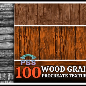 May include: A digital download of 100 wood grain textures for Procreate. The textures are in a variety of colors and styles, including brown, orange, and gray. The image shows a sample of the textures.