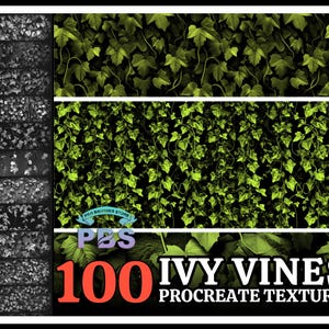 Puede incluir: Una descarga digital de 100 texturas de hiedra para Procreate. Las texturas están en varios tonos de verde y negro, y algunas tienen un fondo blanco.