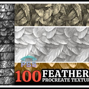 Può includere: Un download digitale di 100 texture di piume per Procreate. Le texture presentano una varietà di motivi di piume in nero, bianco e marrone.