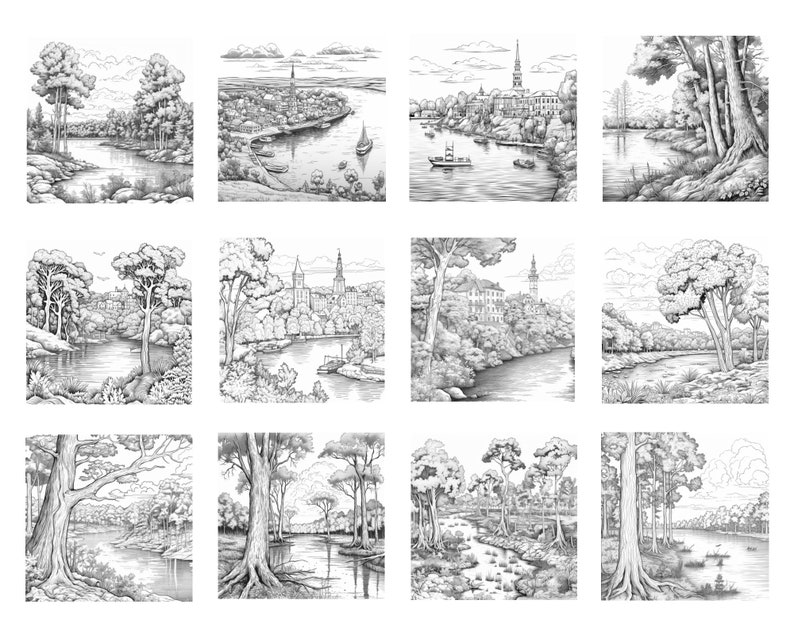 May include: A collection of 12 black and white line drawings depicting various scenes of rivers and forests. The drawings feature trees, rivers, and buildings in the background.