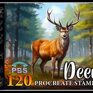 May include: A digital illustration of a deer in a forest setting. The deer is brown with large antlers. The text "Deer 120 Procreate Stamps" is in the lower right corner of the image.