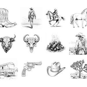 May include: A collection of black and white illustrations depicting various western themes, including a cowboy riding a horse, a skull, a campfire, a wagon, a revolver, a cowboy hat, a Joshua tree, and a pair of cowboy boots.