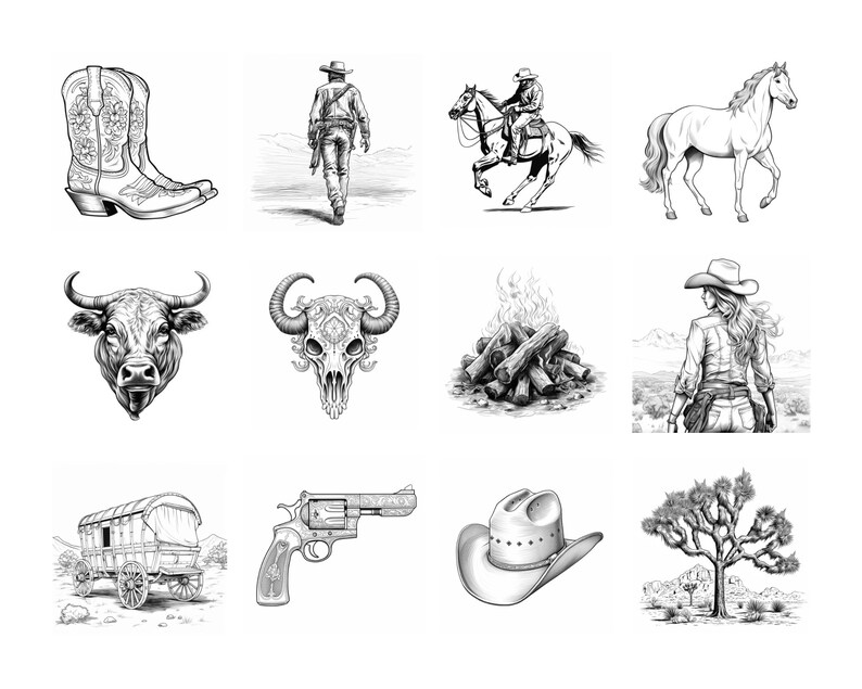 May include: A collection of black and white illustrations depicting various western themes, including a cowboy riding a horse, a skull, a campfire, a wagon, a revolver, a cowboy hat, a Joshua tree, and a pair of cowboy boots.