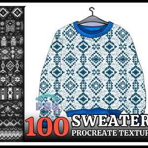 May include: 100 Procreate Sweater Textures. A digital illustration of a blue and white sweater with a geometric pattern. The sweater is hanging on a hanger.