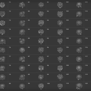 May include: A grid of 120 black and white images of various flower arrangements. Each image is numbered from 61 to 120.