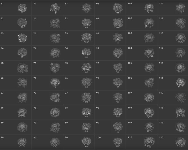 May include: A grid of 120 black and white images of various flower arrangements. Each image is numbered from 61 to 120.