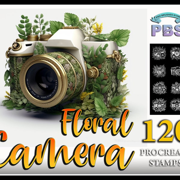 120 Procreate Floral Camera Stamps, Floral Camera stamps for procreate, instant digital download.