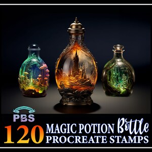 May include: 120 Magic Potion Bottle Procreate Stamps. Three glass bottles with intricate designs and scenes inside. The bottles are on a dark background with a gold and red logo that says "PBS 120 MAGIC POTION BOTTLE PROCREATE STAMPS".