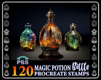 May include: 120 Magic Potion Bottle Procreate Stamps. Three glass bottles with intricate designs and scenes inside. The bottles are on a dark background with a gold and red logo that says "PBS 120 MAGIC POTION BOTTLE PROCREATE STAMPS".