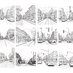 Puede incluir: Un boceto en blanco y negro de una escena de calle de la ciudad con edificios, &aacute;rboles y coches. La calle est&aacute; bordeada de edificios a ambos lados, y hay &aacute;rboles en primer plano. Hay coches conduciendo por la calle, y hay gente caminando por la acera.