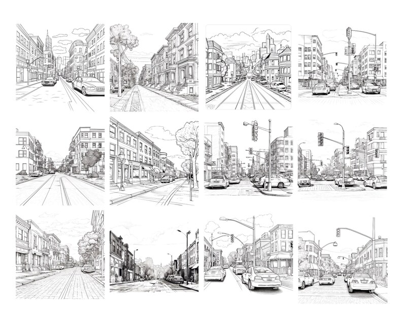 Puede incluir: Un boceto en blanco y negro de una escena de calle de la ciudad con edificios, &aacute;rboles y coches. La calle est&aacute; bordeada de edificios a ambos lados, y hay &aacute;rboles en primer plano. Hay coches conduciendo por la calle, y hay gente caminando por la acera.