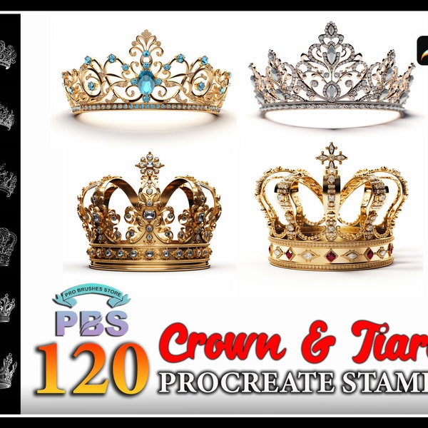 120 Procreate Crown and Tiara Stamps, Crown Stamp for procreate, Tiara procreate stamp, Jewelry Brush for procreate.